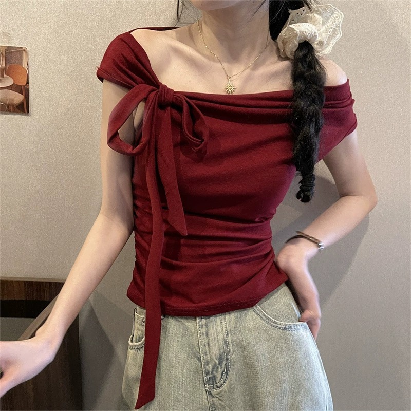 2025 Summer new women's T-shirt pure desire shoulder strap collar short sleeved women's T-shirt summer new slim fit top new designer T-shirt