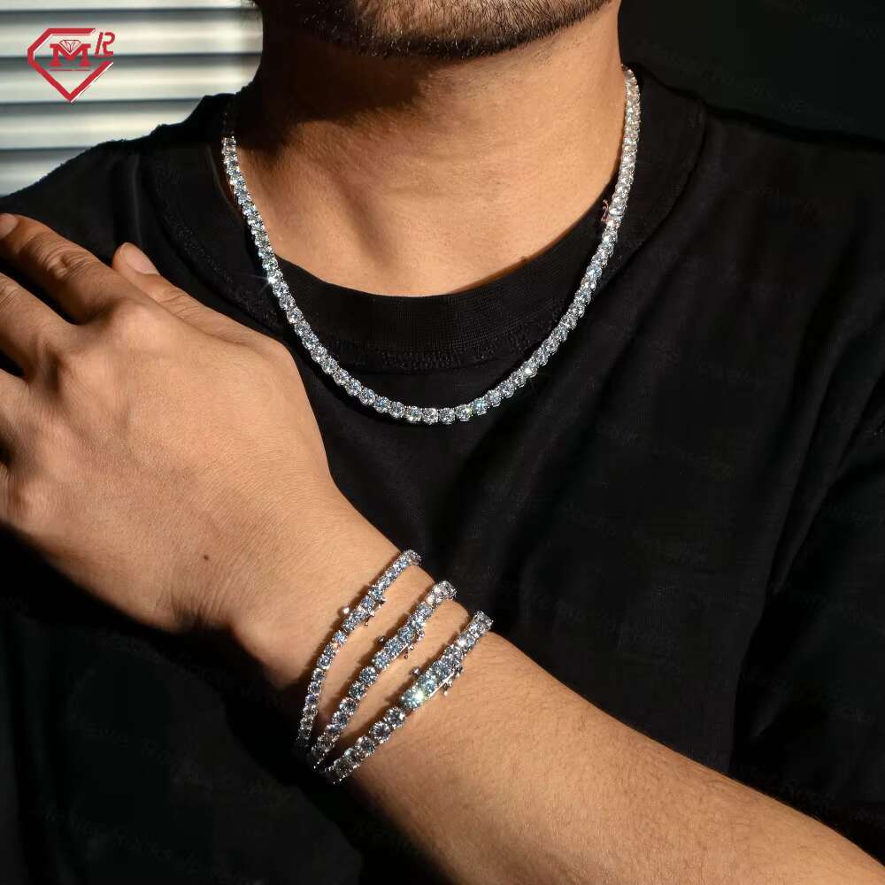 2mm VVS Iced Out Moissanite Chain Tennis Necklaces 925 Sterling Silver Moissanite Tennis Chain