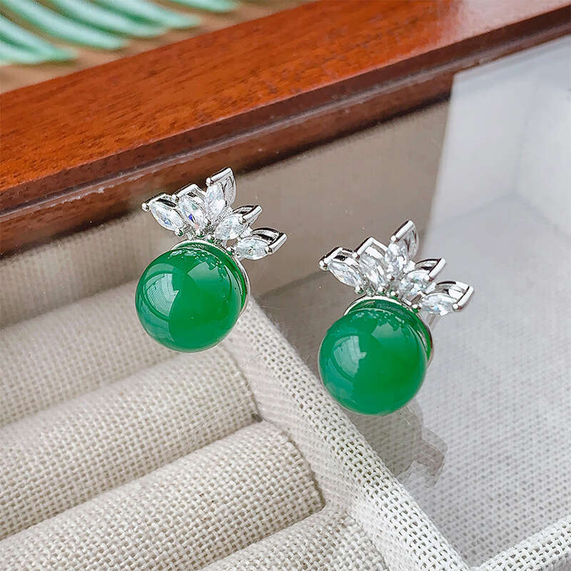 Autumn Winter New Jewelry Set Natural Imperial Green Chalcedony Evening Chain Earrings High-End Luxurious Versatile Women's 54E