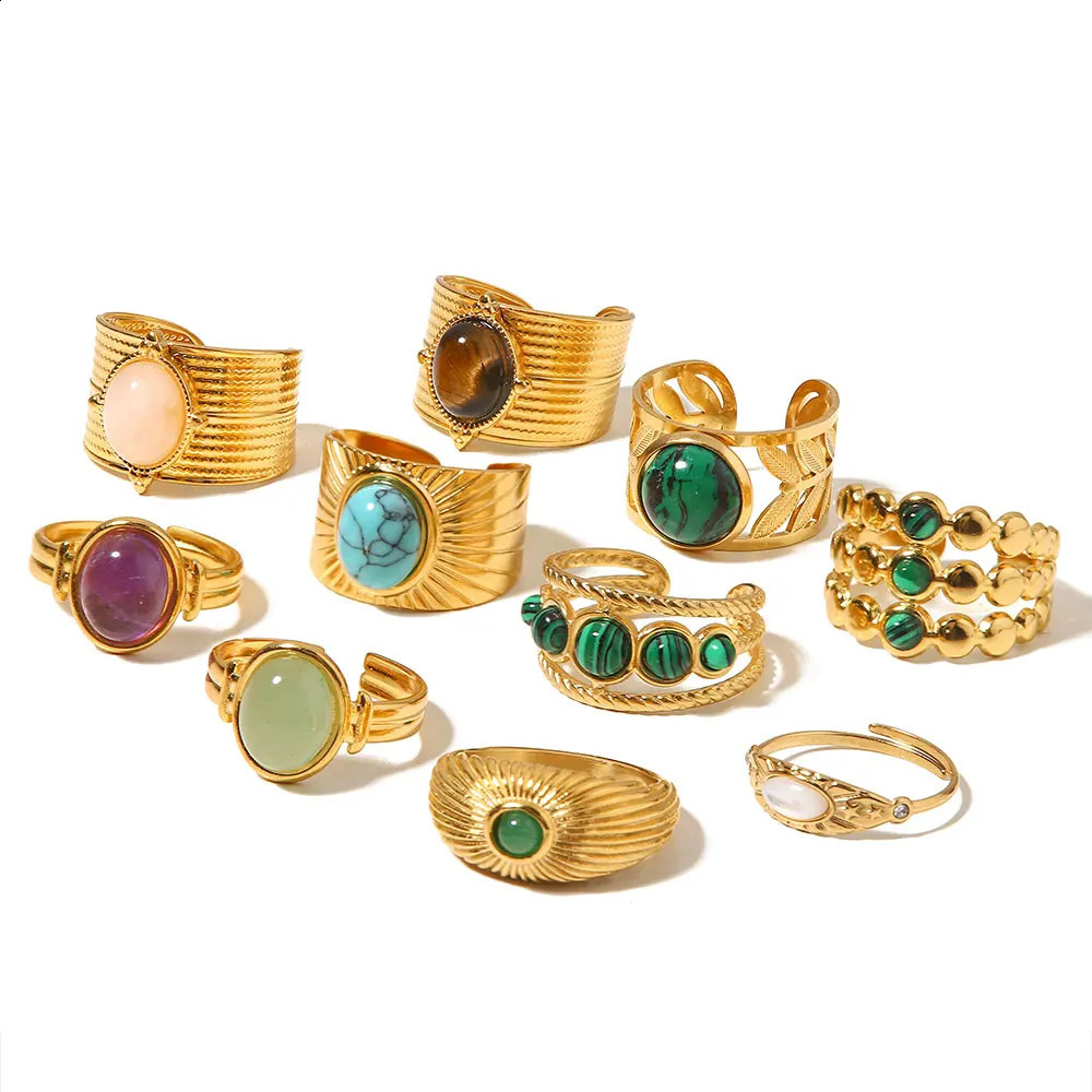Youthway n Natural Stone Stainless Steel Ring Women Waterproof Stylish Golden Jewelry Set 250624