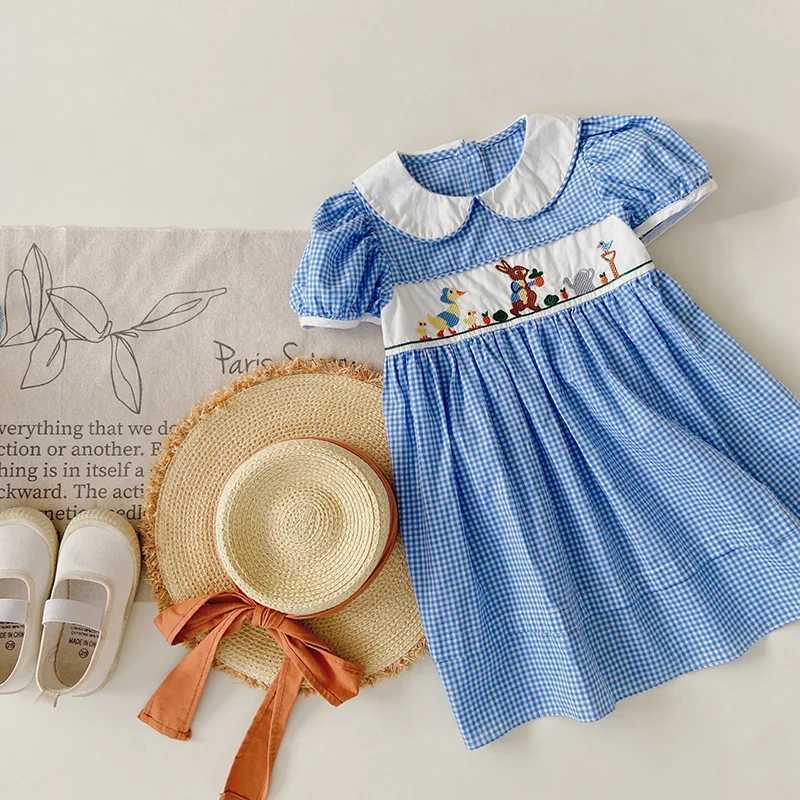 Summer Animal Embroidery Plaid Girls Dress Lace Edge Doll Lapel Bubble Sleeve Childrens Dress Cute Plaid Baby Kids Clothing R250707