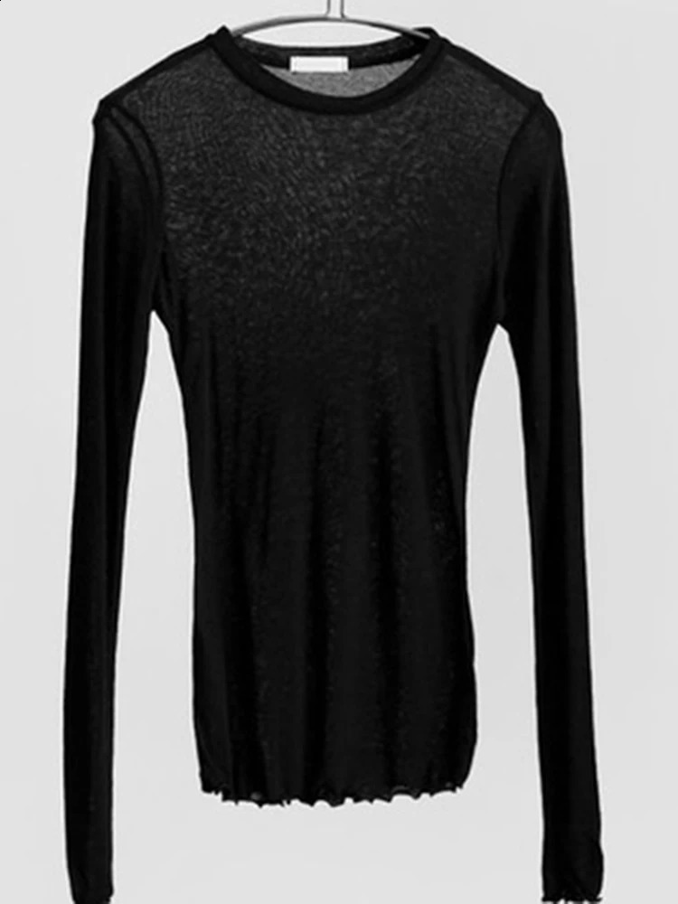 High Quality Plain T-Shirt Women Cotton Elastic Basic T-shirts Female Casual Tops Long Sleeve Sexy Thin T-shirt See Through 250703