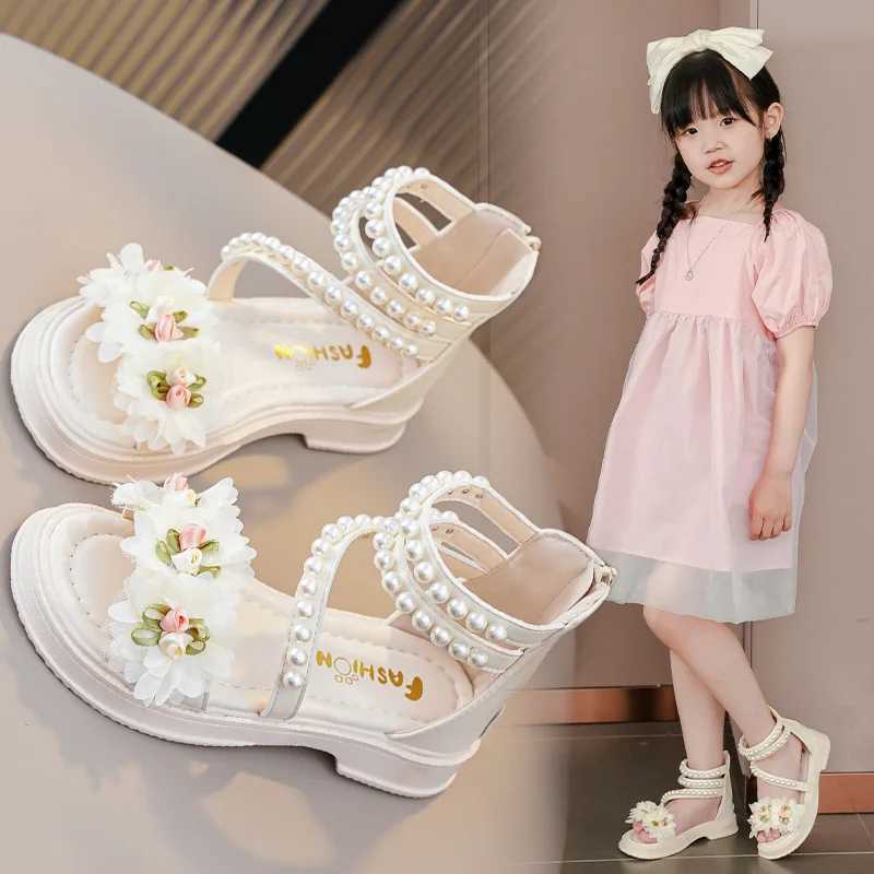 Childrens Sandals Summer Bowtie Princess Shoes for Girls Fashion Sweet Kids Casual Pearl Roman Sandals Solid Color Hook Loop R250707
