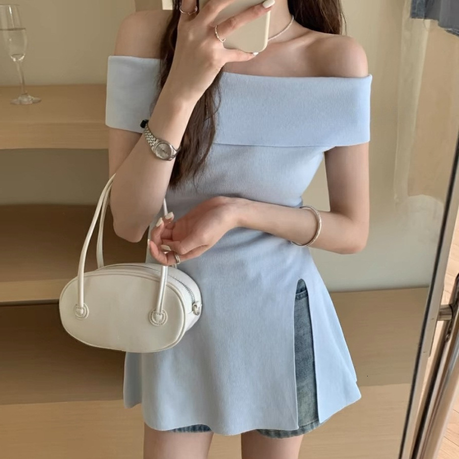 2025 Summer new women's T-shirt Summer new Korean style pure desire split shoulder waist knit top New designer T-shirt Irregular women's sho