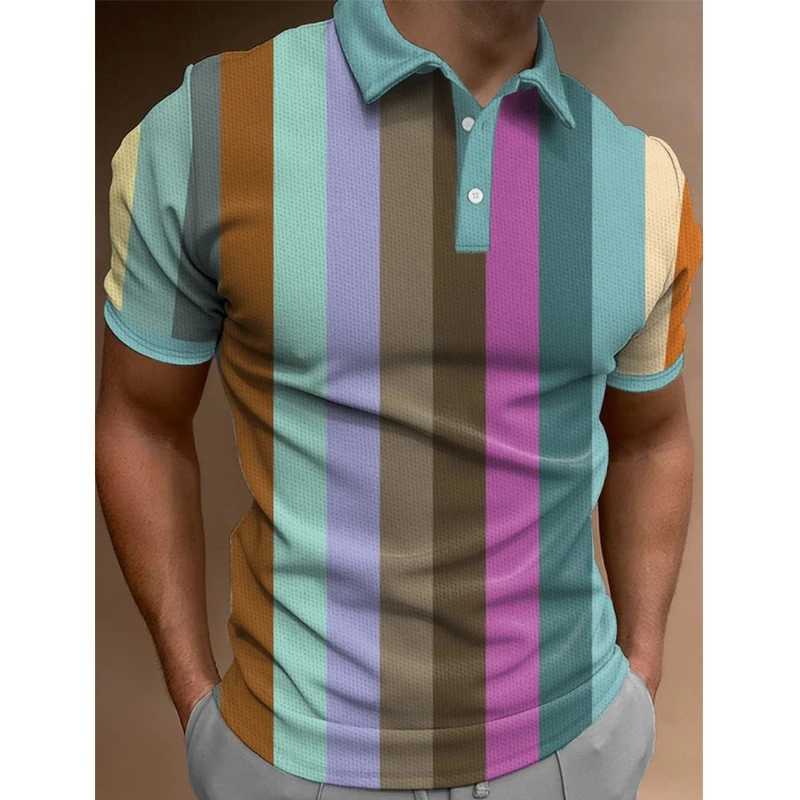 3D Color Rainbow Stripe Print Polo T-Shirt for Men Fashion Lapel Short Sleeve Shirts Oversized Casual Golf Blouse Buttons Tops Y250707 Y250707