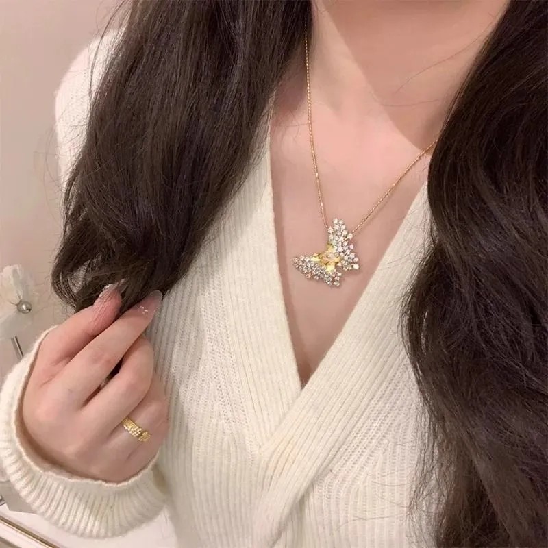 Italian Brushed Full - Diamond Butterfly Necklace, Vintage and Noble Clavicle Chain, Elegant Neck Chain