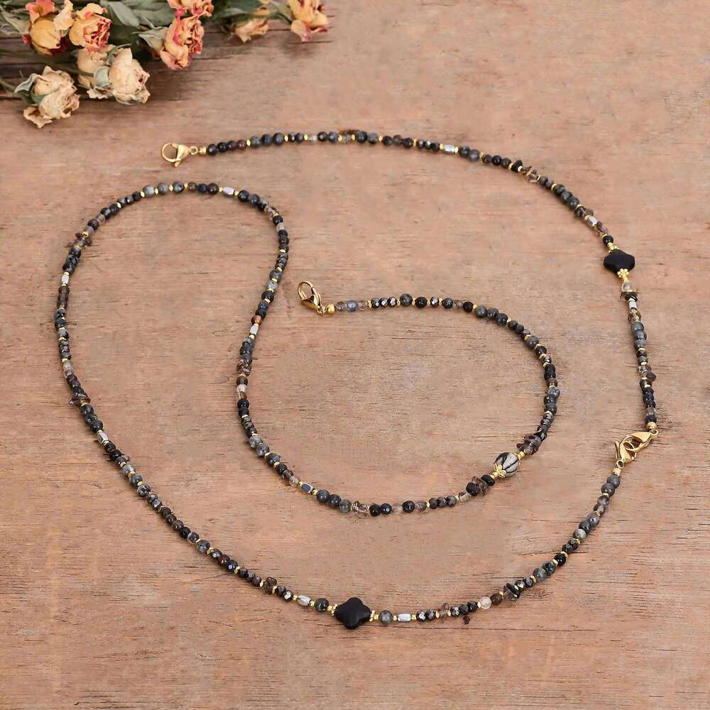 Bohemian Black Onyx Four-Leaf Clover Natural Stone Bead Phone Chain Multi-Use Friendship Jewelry
