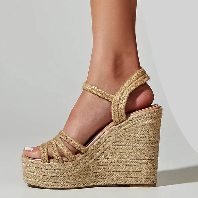 EAGSITY 2024 n bohemian wedges platform peep toe sandals ankle strap high heel comfort casual shoes pumps rope sole 250703