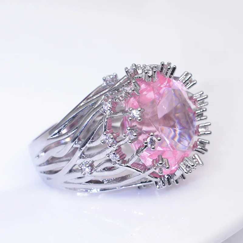 925 Sterling Silver Ring Inlaid with Pink Crystal Zircon Exaggerated Ring for Women Wedding Jewelry Gift XJ250707