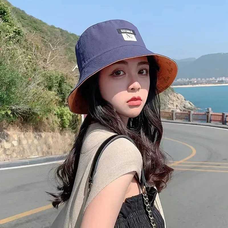 Double-sided Wear Women Bucket Hat Korean Fashion Letter Print Fisherman Hats For Girl Summer Outdoor Beach Basin Cap Y250707