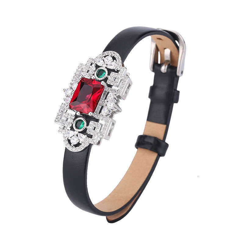 Custom Jewelry Leather Wristband With Simulated Red Zircon Full Dia Cowhide Strap Bracelet For Women 8Da