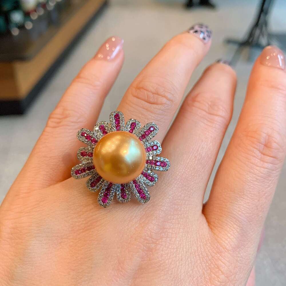 Tiktok Australian Mother-Of-Pearl Pearl Micro-Paved Red Ruby Fashion Adjustable Ring 0B6