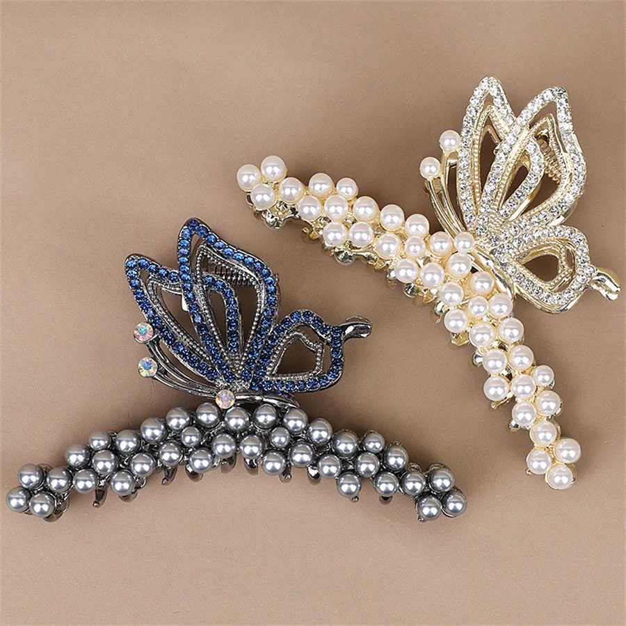Fashionable pearl crystal butterfly clip womens high-end personalized shark clip large-size hair volume and hair accessories Z250707