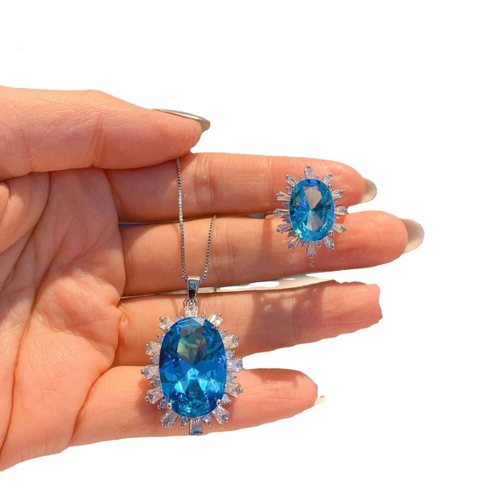 New Style Simulated Princess Square Aquamarine Topaz Full Dia Color Gemstone Open Ring Luxurious Pendant Necklace Eac