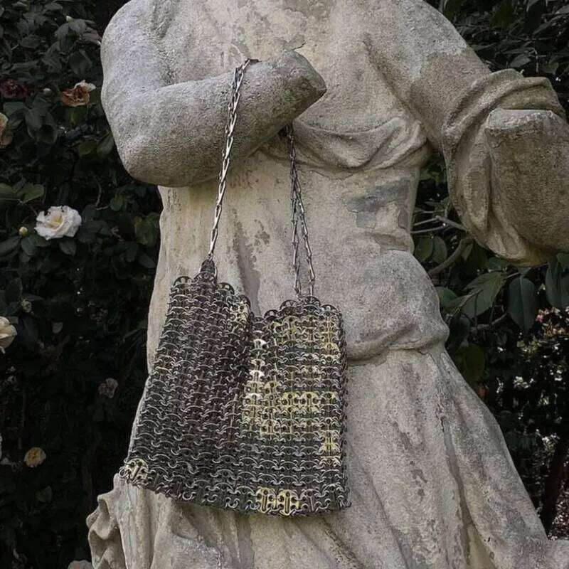 Women Woven Sequins Handbag Metal Chain Evening Hollow Out Purse Clutch Travel Holiday Shoulder Crossbody Bag