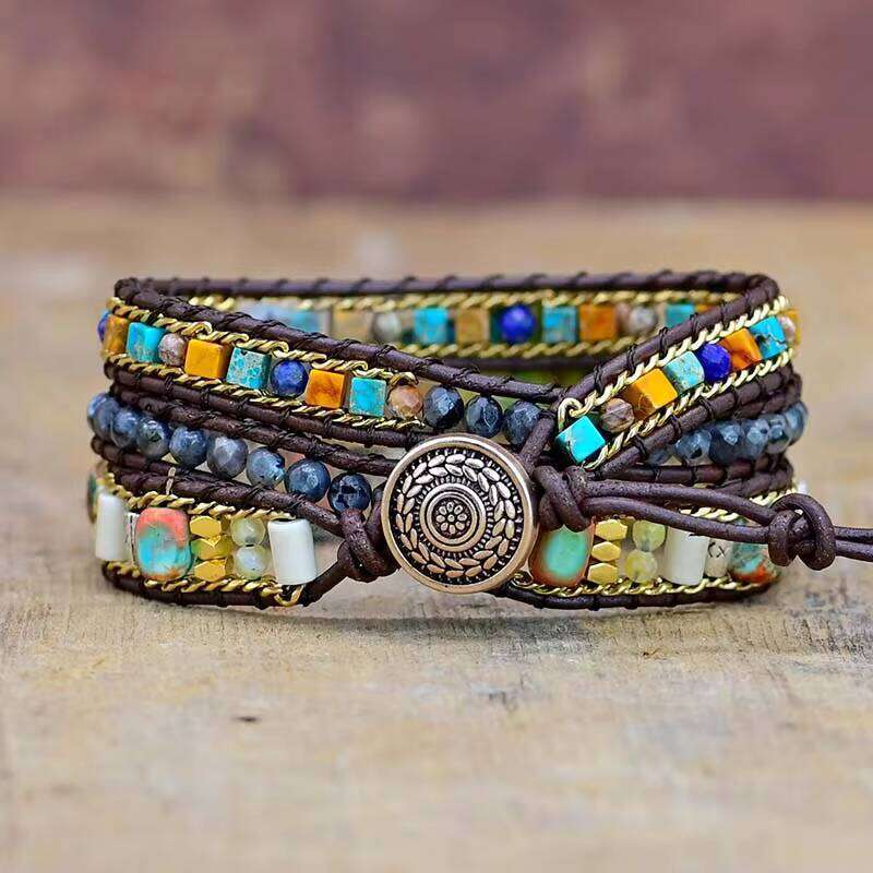 Mixed Color Imperial Irregular Natural Stone 3-Layer Wrapped Women's Jewelry Charm Bracelet