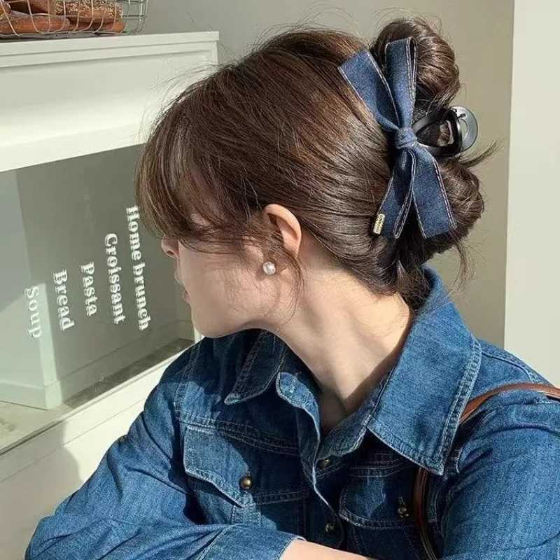 Korean fashionable denim bow grab clip new high-end hairpin large shark clip headdress on the back of the head Z250707