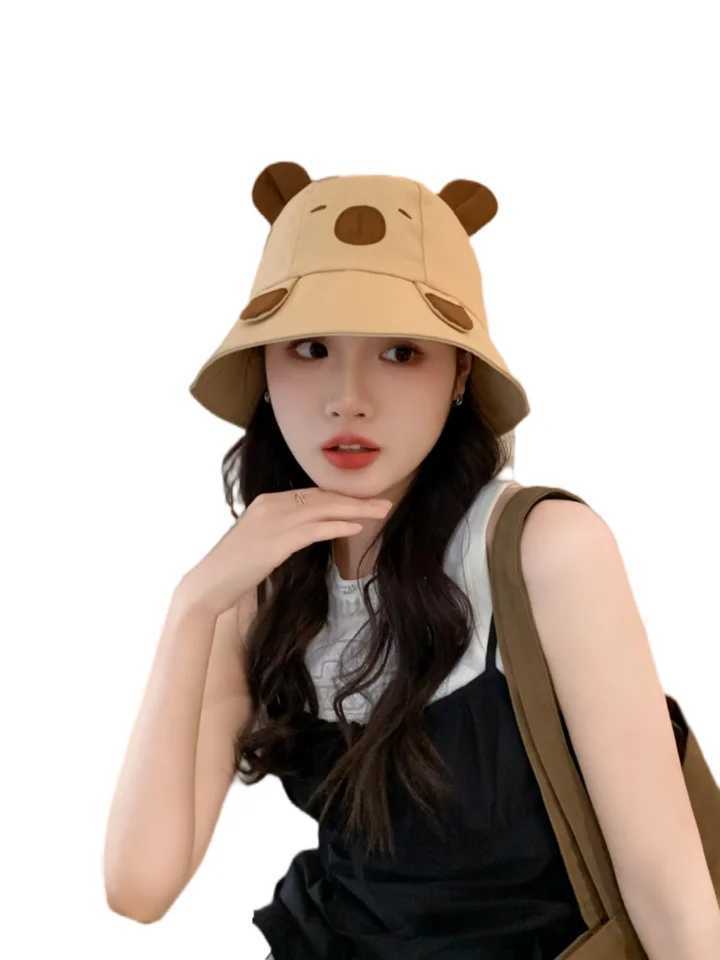 Spring Summer Bucket Hat For Women Men Cute Dog Ear Bear Nose Cartoon Fisherman Hat Outdoor Sun Hat Mountain Travel Beach Cap Y250707