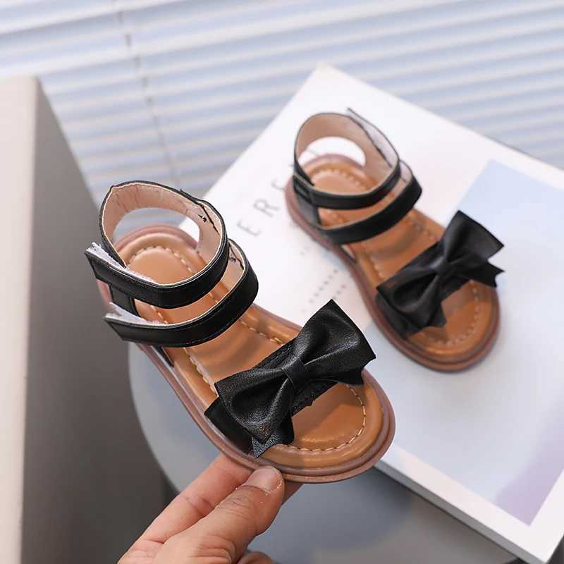 Little Children Sandals Ankle Strap Bowknot Black White Girls Sliders 21-30 Toddler Pu Leather Flexiable Summer Kids Flat ShoesR250707