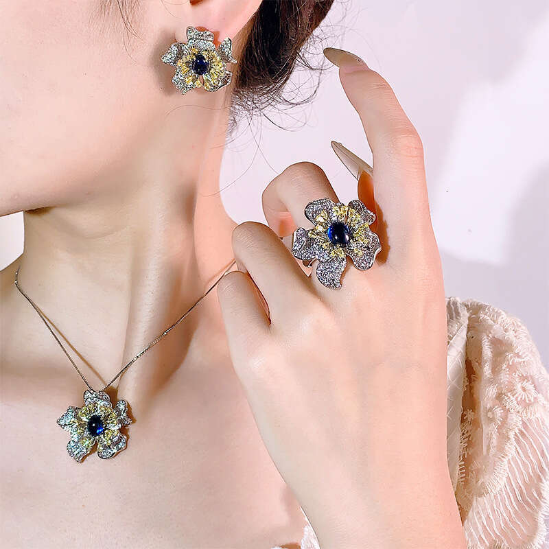 New Jewelry Set Decorations Blue Necklace Earrings Ring Petal Shape Fashion High-End Light Women 20A
