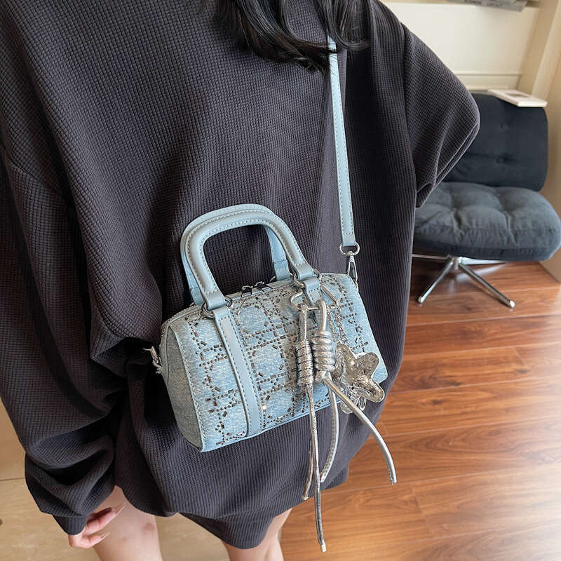 2025 New Free shipping Fashion Handbag Denim Rhinestone Boston Women's High-end Single Shoulder Crossbody Casual Bag