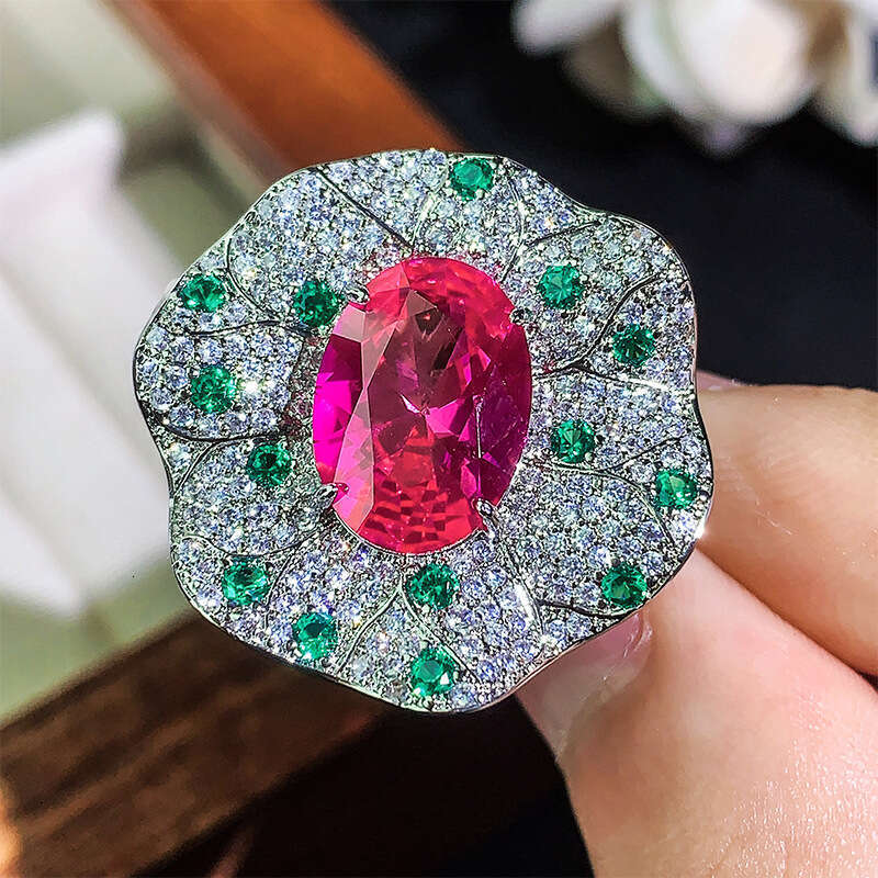Jewelry New Ring Accessories Colorful Gemstone Red Green Rose Flower Fashion High-End Sense Women's Light Luxury F0e