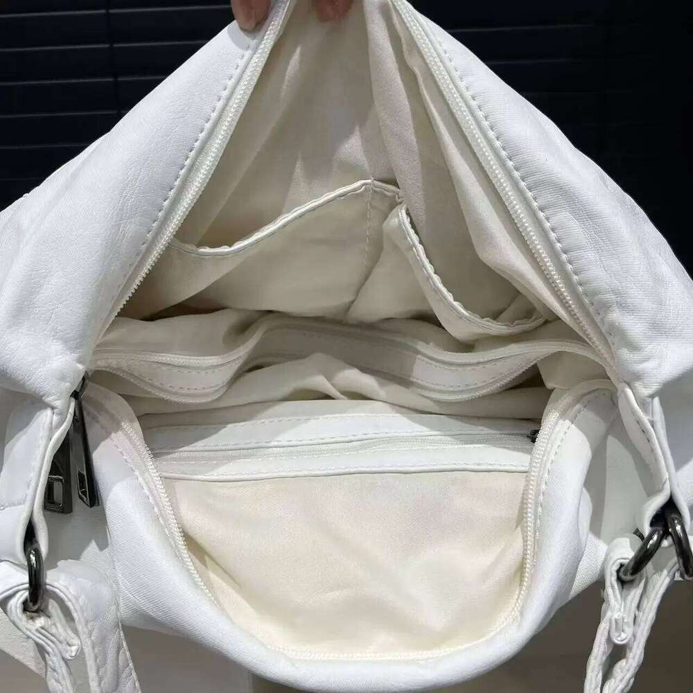 Women's Fashion Multi-Pocket Motorcycle Shoulder Bag Large Capacity Retro Washed Crossbody Backpack