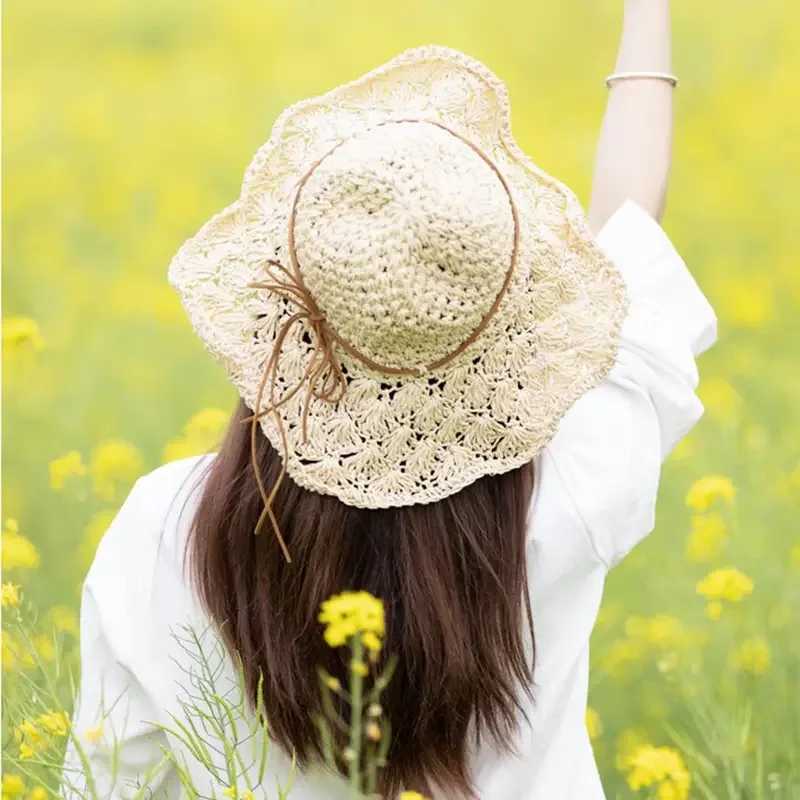 Holiday Beach Fisherman Hat Seaside Sun Protection Sun Hat Large Brim Bow Woven Straw Hat Women Panama Chapeau Koren Y250707