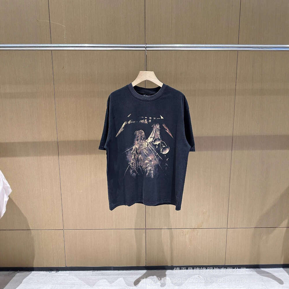 New American Style Letter Print Washed Vintage T-Shirt with Holes Loose Fit High Street Unisex Short Sleeve
