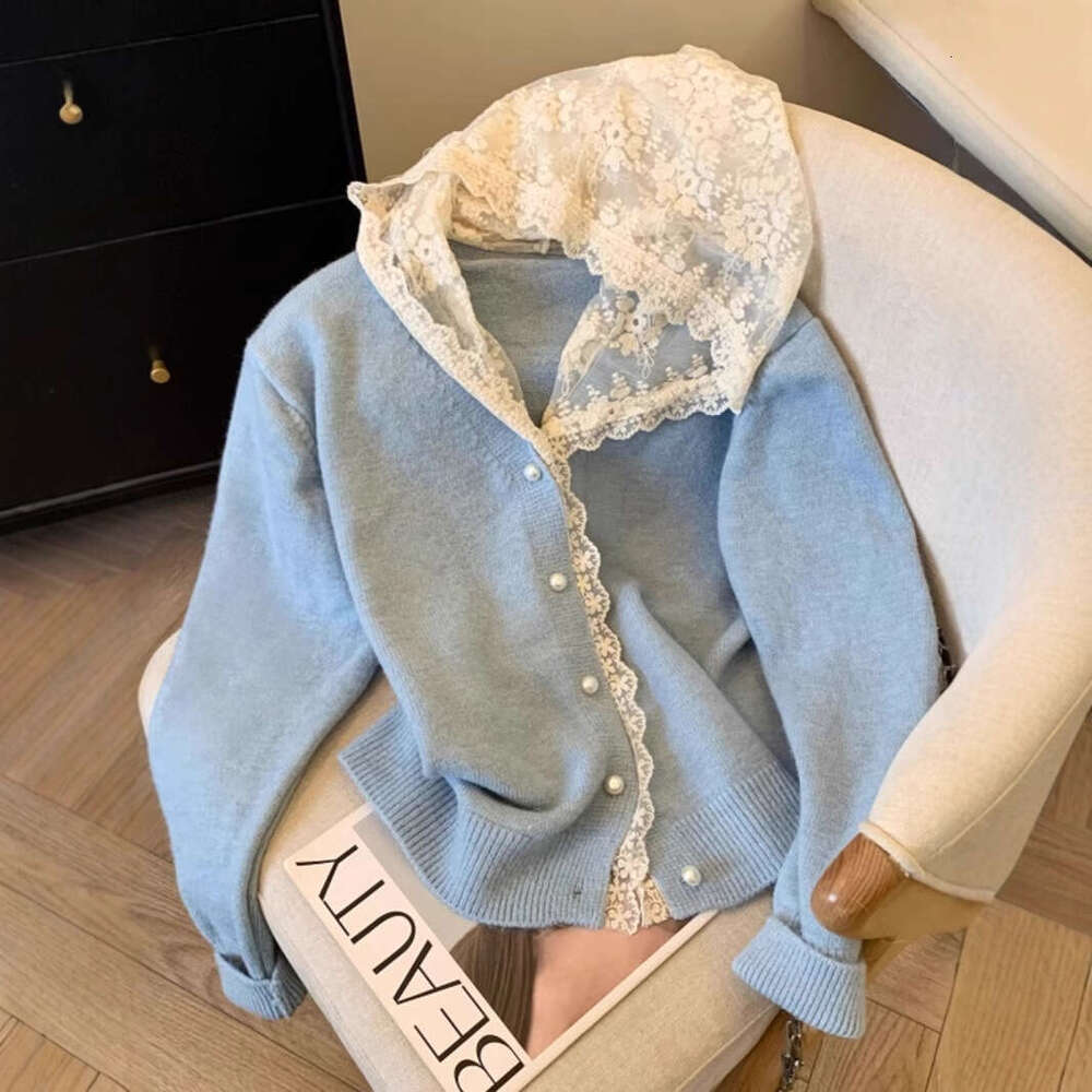 French Lace Patchwork Hooded Long Sleeve Knitted For Women Autumn Winter New Versatile Age-Reducing Slimming Sweater Top B5