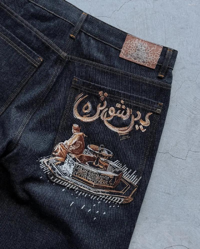 Men's Shorts Aziza Black Loose Pattern Pocket Embroidery Denim Mens Womens Hip Hop Retro Punk Jeans Short Street Knee Lenght Jorts