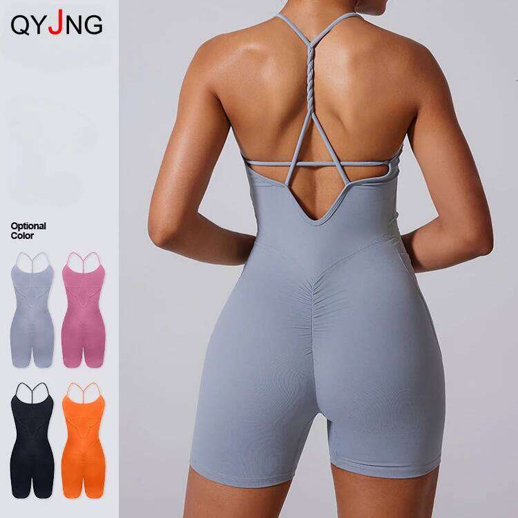 Sexy Hollow Backless Sporty Bodycon Short Jumpsuit with Pocket Women Unitard Gym Romper Sleeveless Yoga Fiess Overalls Black