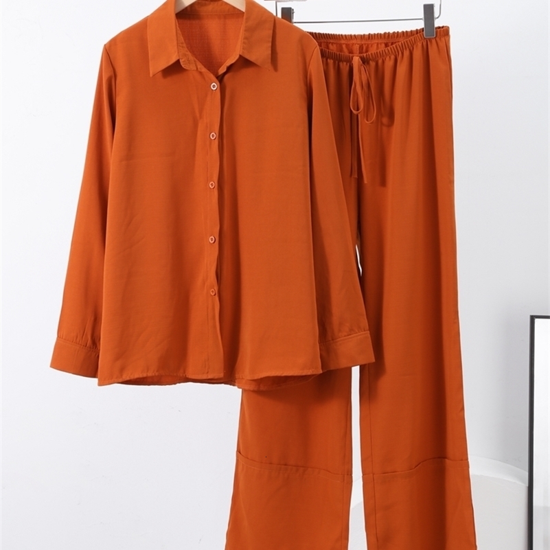 Casual Solid Shirt Pants Suit Women Lapel Single Breasted Loose Shirt Wide Leg Drawstring Trouser 2025 Spring Fashion Female Set 250703