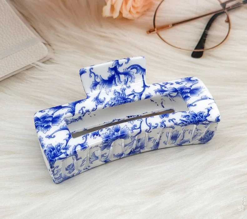 New Vintage Blue And White Porcelain Big Hair Claw Clip Headdress Hairpin Female Crab Hair Ponytail Clip Chinese Style Hair Accessory Y250707