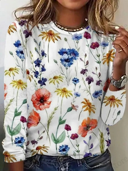 Floral 3D Print T-Shirt Casual Crew Neck Long Sleeve T-shirt Womens Clothing Fashion Casual Oversized Tops Tees Female 250703