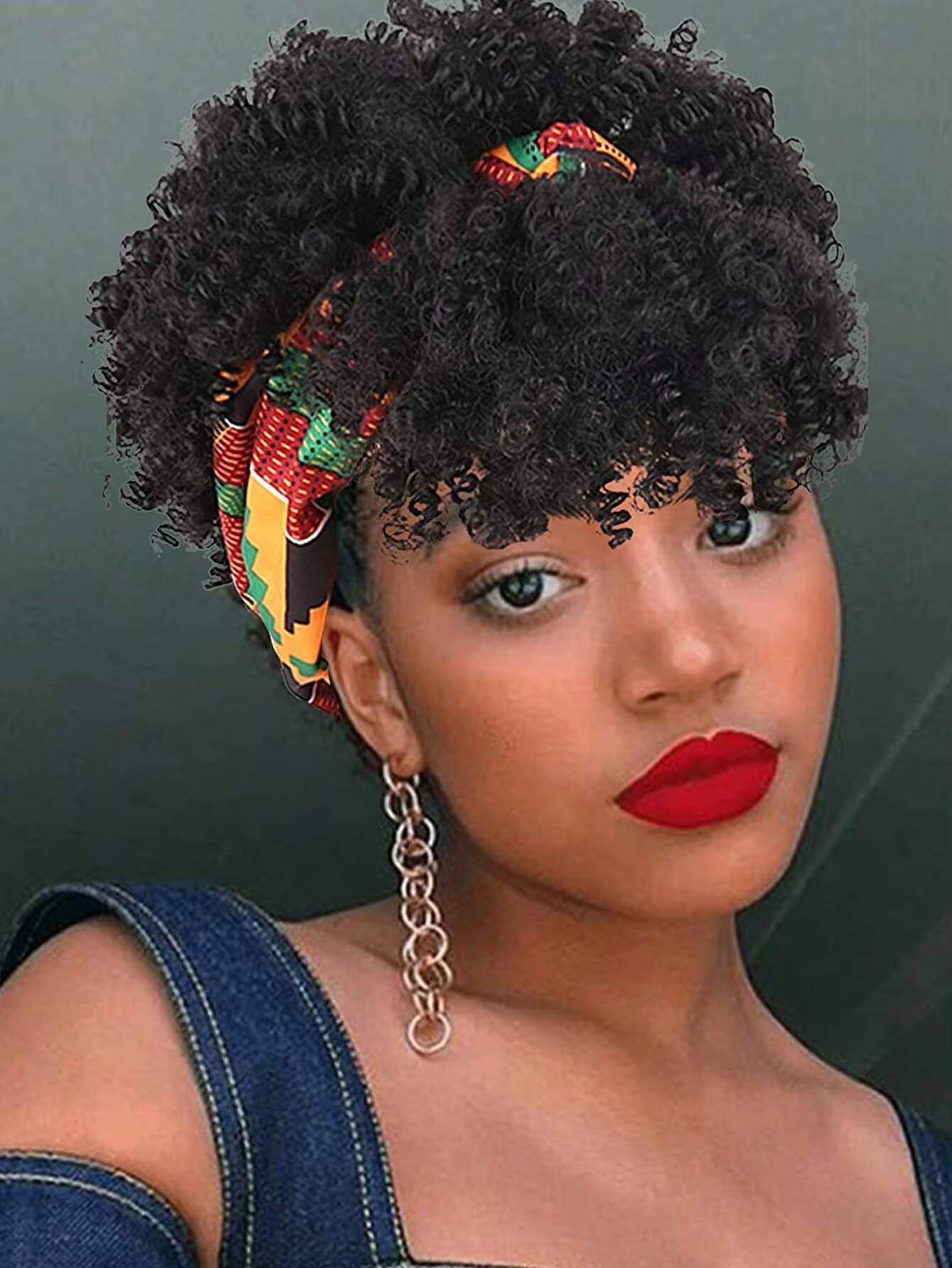 Black womens headscarf and tassel, 2-in-1 wrapped wig, short African curly hair synthetic wig with headscar ddmythur