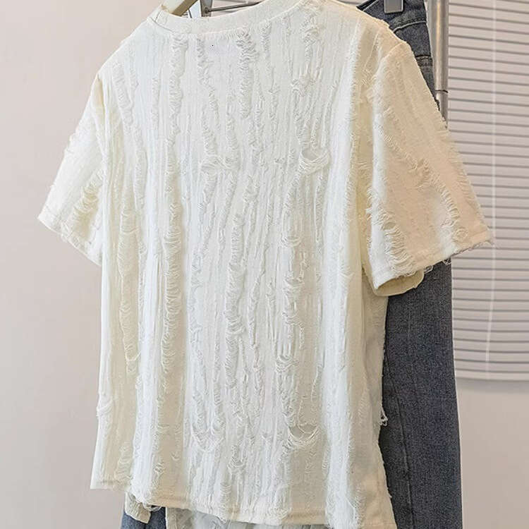 Irregular Ruched Regular Shoulder Short Sleeve T-Shirt For Women Summer Design Sense Distressed Unique Slimming Round Neck Top B5