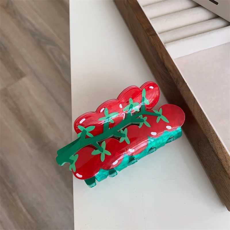 Red Cherry Tomatoes Double Sided Printed Shark Hair Clip Claw For Women Girls New Acrylic Fixed Ponytail Hairpin Hair Accessory Y250707
