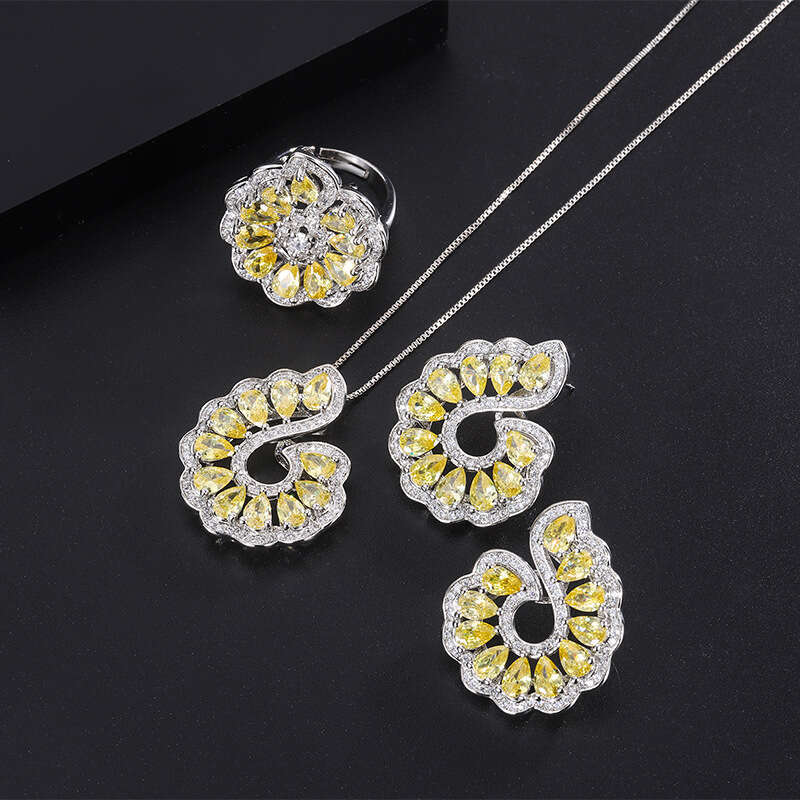 S Sier Needle Earrings Imitation Jewelry Accessories Set Gold Yellow Dia Necklace Zircon Ring A82