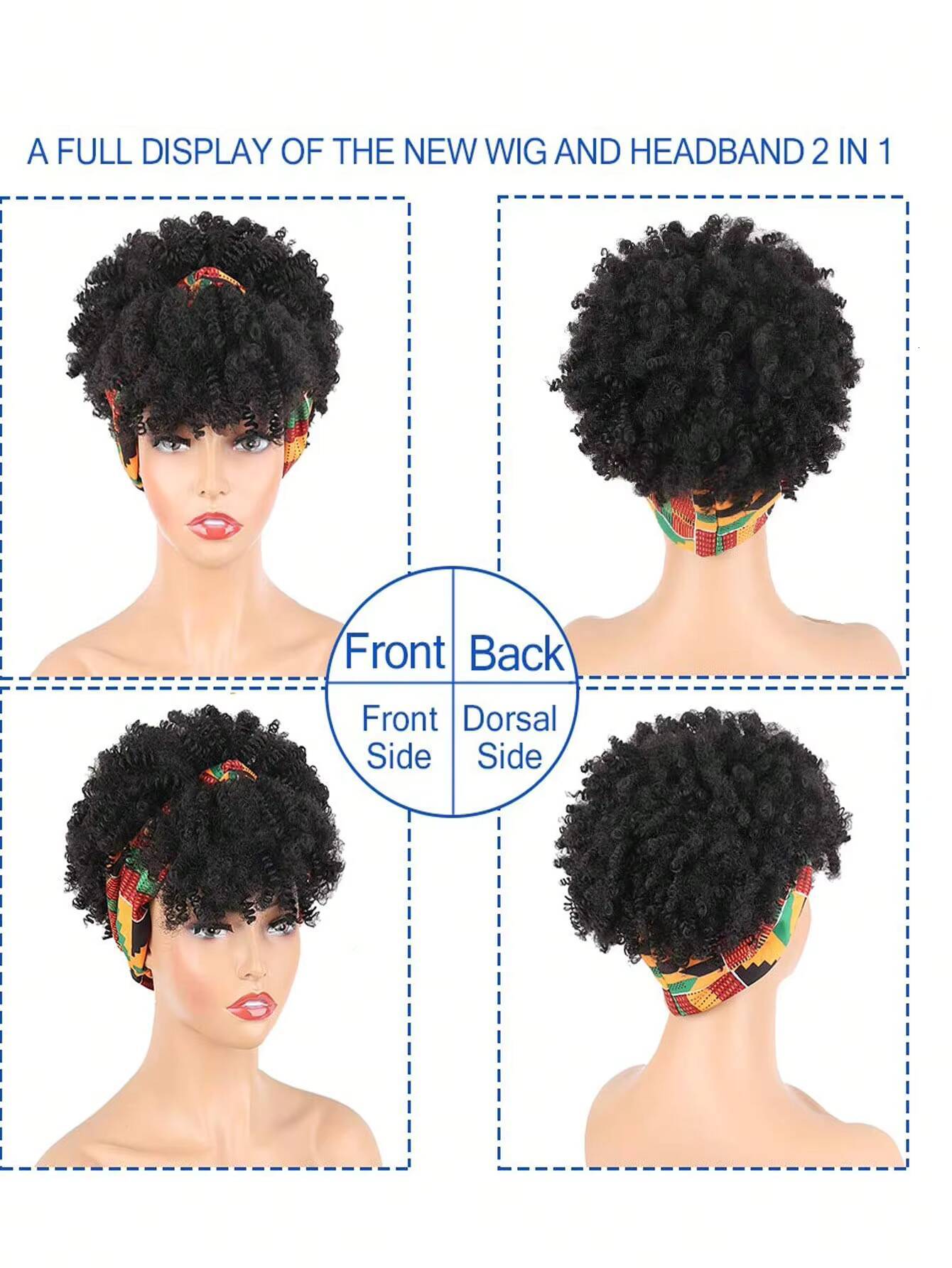 Black womens headscarf and tassel, 2-in-1 wrapped wig, short African curly hair synthetic wig with headscar ddmythur