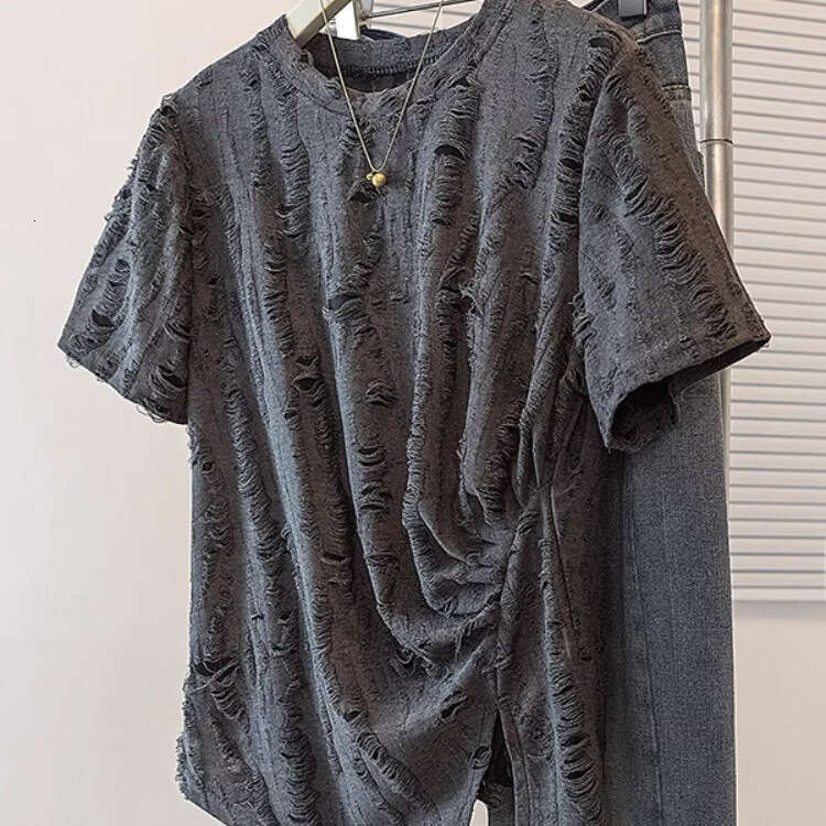 Irregular Ruched Regular Shoulder Short Sleeve T-Shirt For Women Summer Design Sense Distressed Unique Slimming Round Neck Top B5