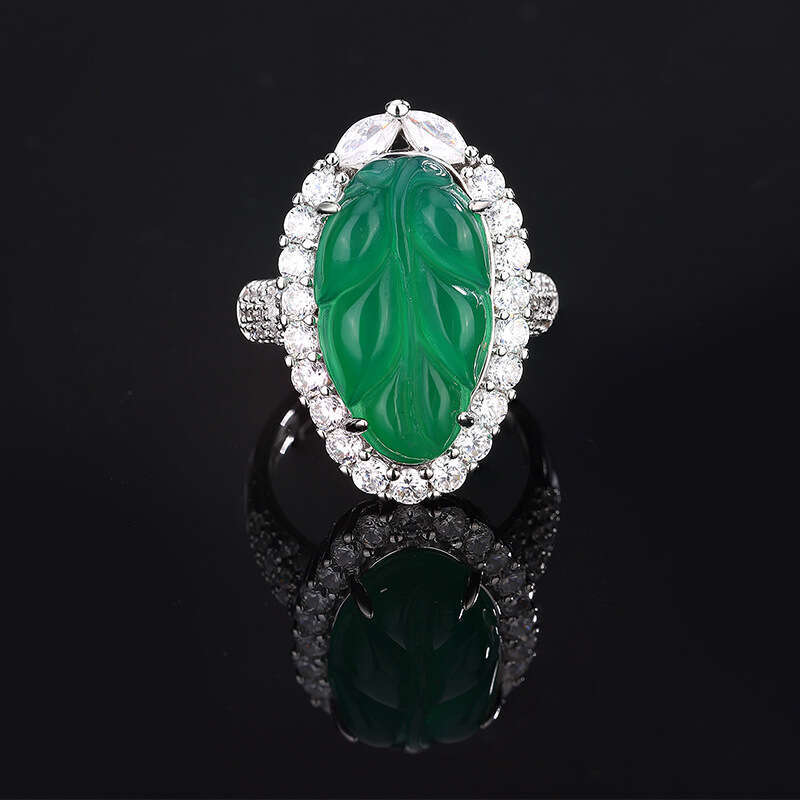 Huayoumei Jewelry Imitation Green Chalcedony Small Leaf Ring Earrings Women's Set 9C5