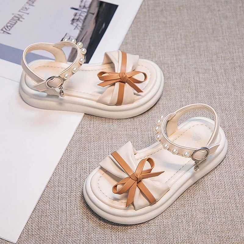 Girls Sweet Princess Sandals Soft Bottom Children Summer Beach Shoes Non-Slip Soft Sole Kids Flats Beading Sandals with Bow-knot R250707