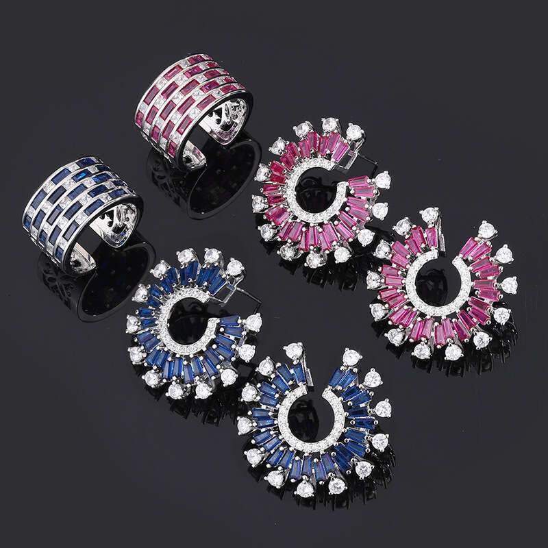 Fashion Imitation Jewelry Set Micro Paved Zircon Earrings Exaggerated Wide Band Adjustable Ring Women's Accessories Bb9