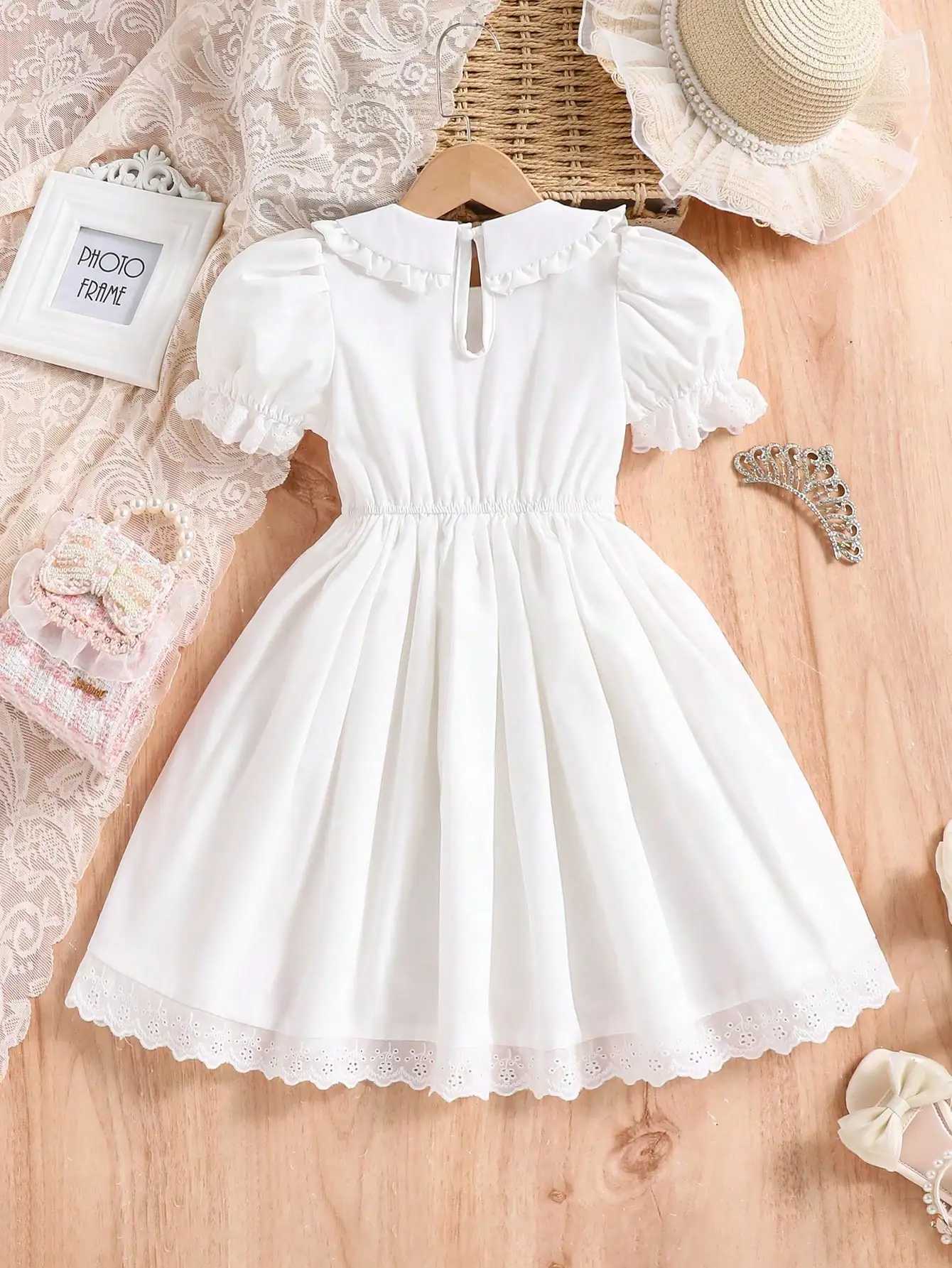 Girls 4-7Y White Princess Dress with Bow Puff Sleeves Elegant Party Dress for Birthday/Photo Spring Summer R250707