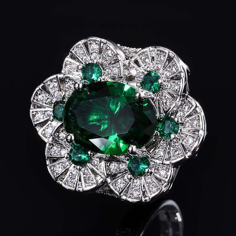 Royal Blue For Women With Flower And Emerald, Fashionable Red Corundum Ring 002
