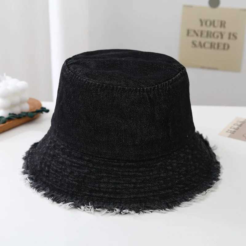 Spring and Summer New Vintage Solid Color Fringed Denim Fisherman Hat Womens Washable Versatile Face Covering Bucket Basin Hat Y250707