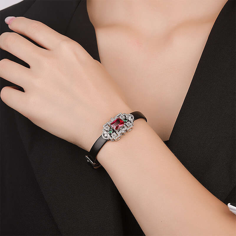 Custom Jewelry Leather Wristband With Simulated Red Zircon Full Dia Cowhide Strap Bracelet For Women 8Da