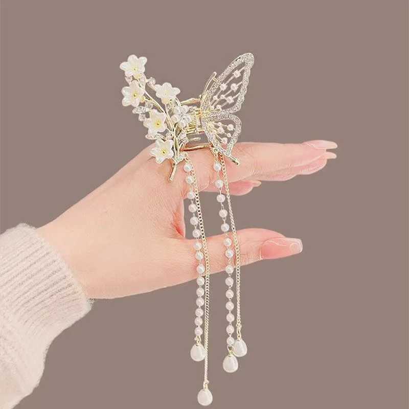 Super Fairy Butterfly Tassel Grab Pearl Tassel Hair Claws Rhinestone Clip Korean Shark Ponytail Crab Clip Girls Hair Accessories Y250707