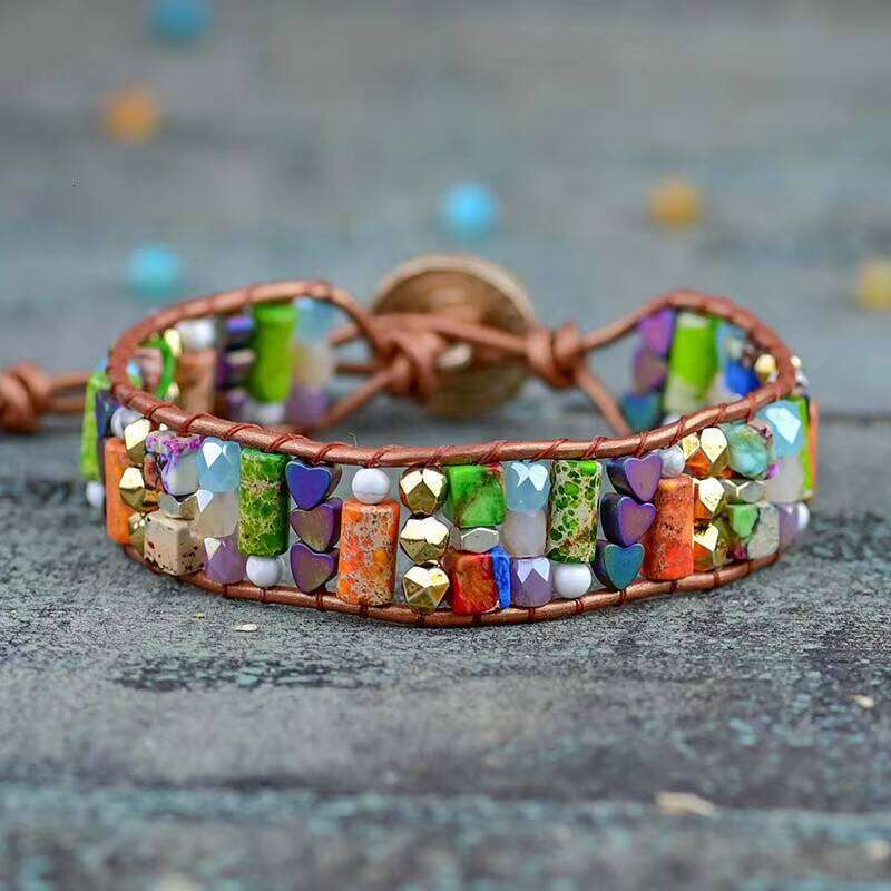 Women's Bohemian Heart Shape Hematite Imperial Natural Stone Single Leather Bag Bracelet